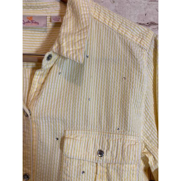 Quacker Factory Top Womens Large Yellow Striped Jewel Snap Up Beaded Button Up - Picture 4 of 13